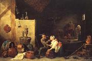David Teniers An Old Peasant Caresses a Kitchen Maid in a Stable oil on canvas